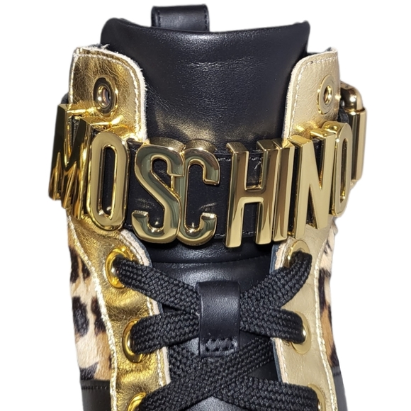 SOLD Moschino Genuine Calf Hair Detail Hi Top Basket Animal Print Sneakers - Picture 4 of 12